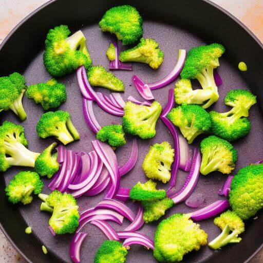 broccolli red onion in frying pan