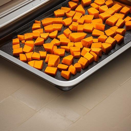 step1 of the ham and butternut squash linguine recipe showing butternut squash in baking tray