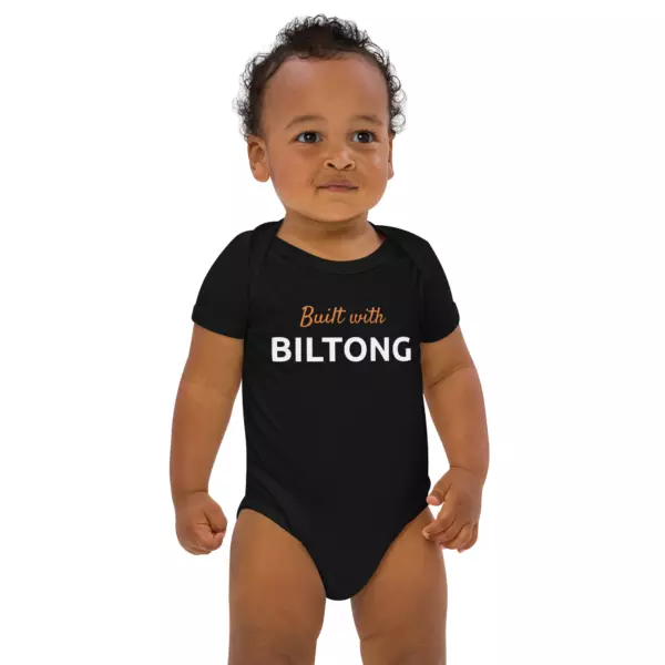 "Built with Biltong" Organic Cotton Baby Bodysuit | Black - Image 2