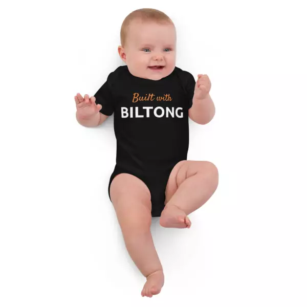 "Built with Biltong" Organic Cotton Baby Bodysuit | Black - Image 3