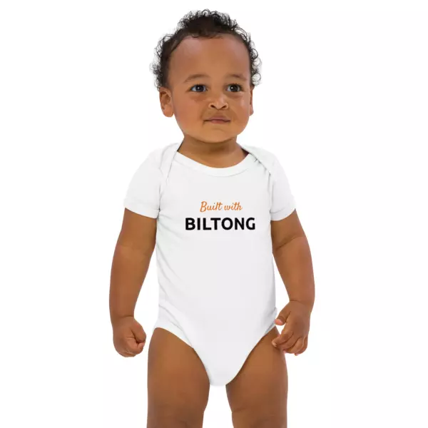 "Built with Biltong" Organic Cotton Baby Bodysuit | White