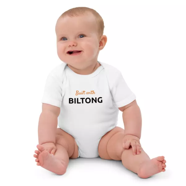 "Built with Biltong" Organic Cotton Baby Bodysuit | White - Image 3