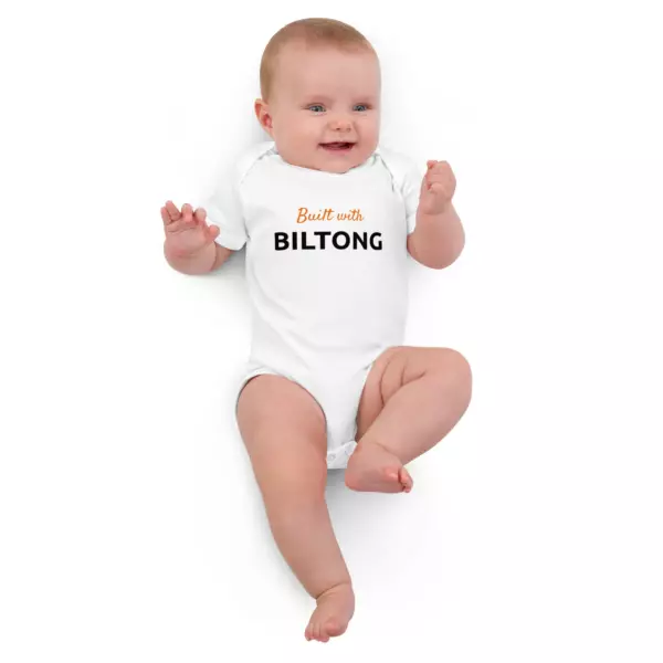 "Built with Biltong" Organic Cotton Baby Bodysuit | White - Image 4