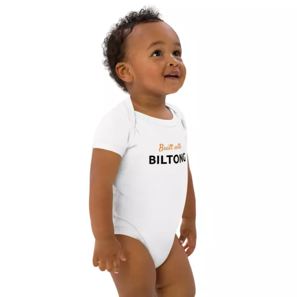 "Built with Biltong" Organic Cotton Baby Bodysuit | White - Image 6